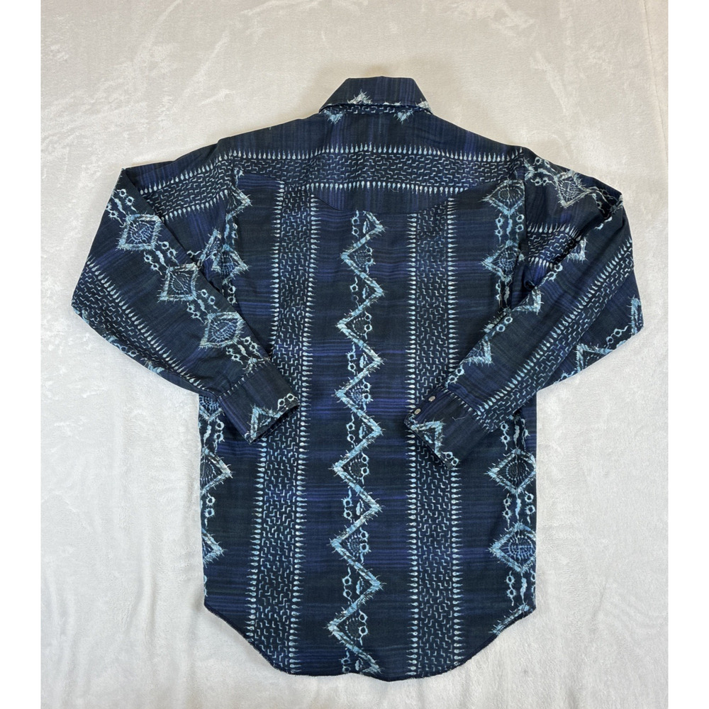 Vintage Esprit By Campus M 15-15.5 Blue Print Pearl Snap Long Sleeve Charity - Picture 5 of 13